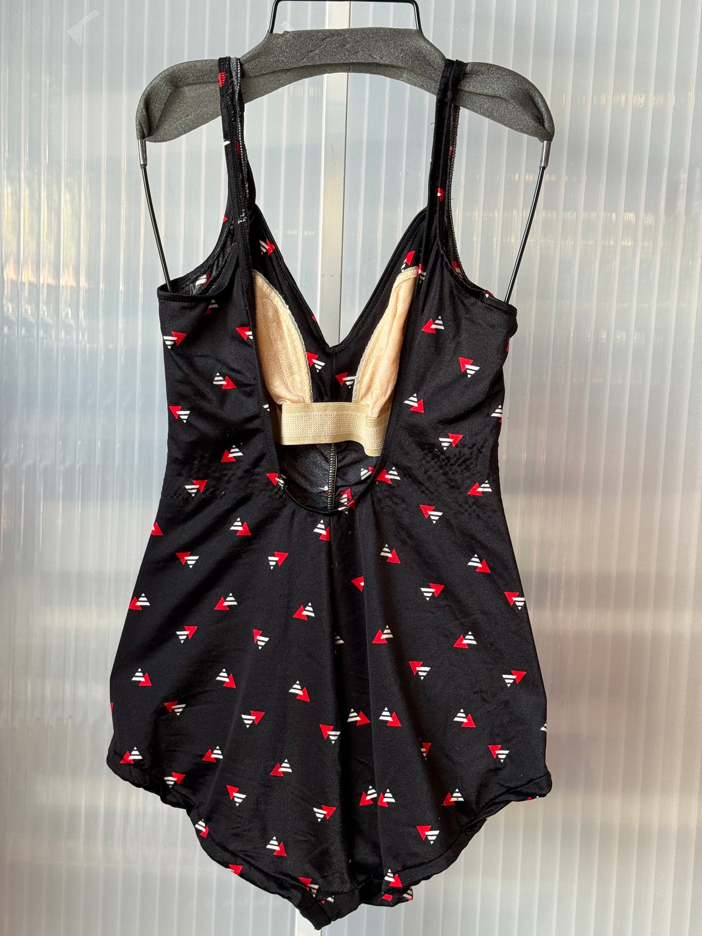 1980s Black Rushed Swimsuit w/ Triangle Pattern