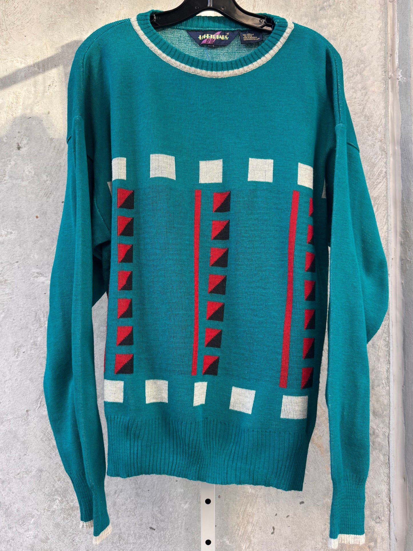 1980s Geometric Patterned Teal Sweater