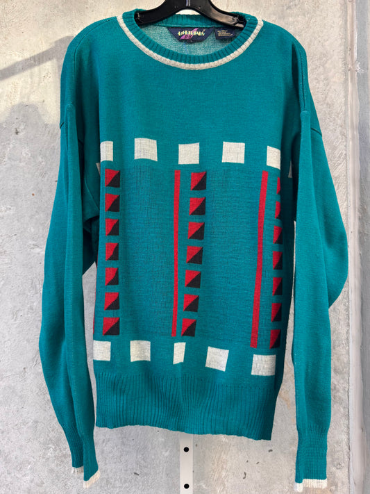 1980s Geometric Patterned Teal Sweater
