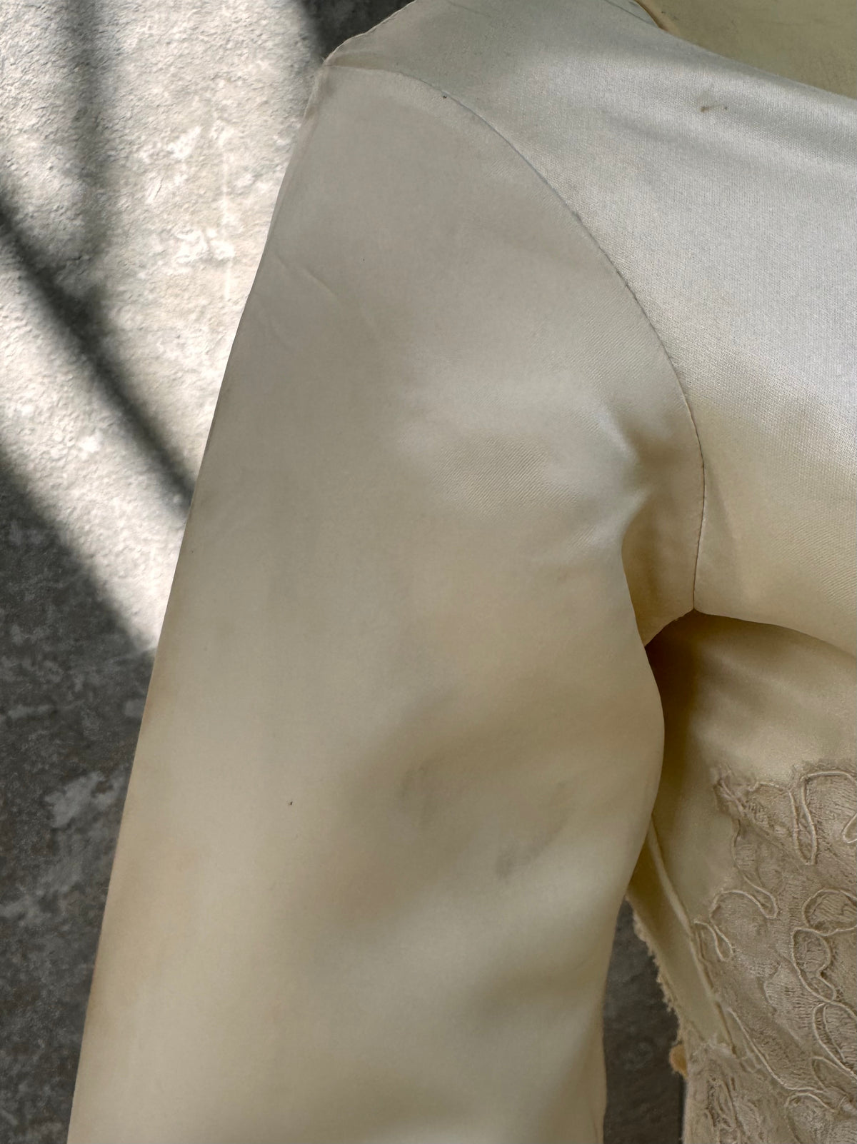 Late 1960s / Early 1970s Cream Satin & Lace Wedding Dress