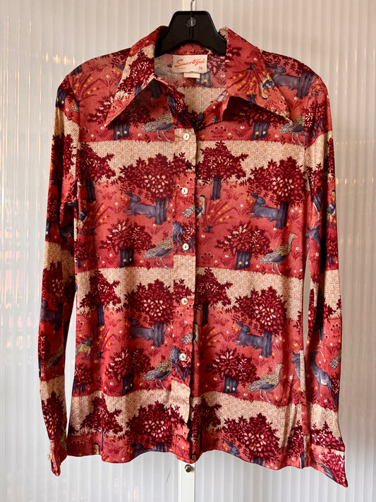 1970s Red & Gray Point Collar Button Up Shirt