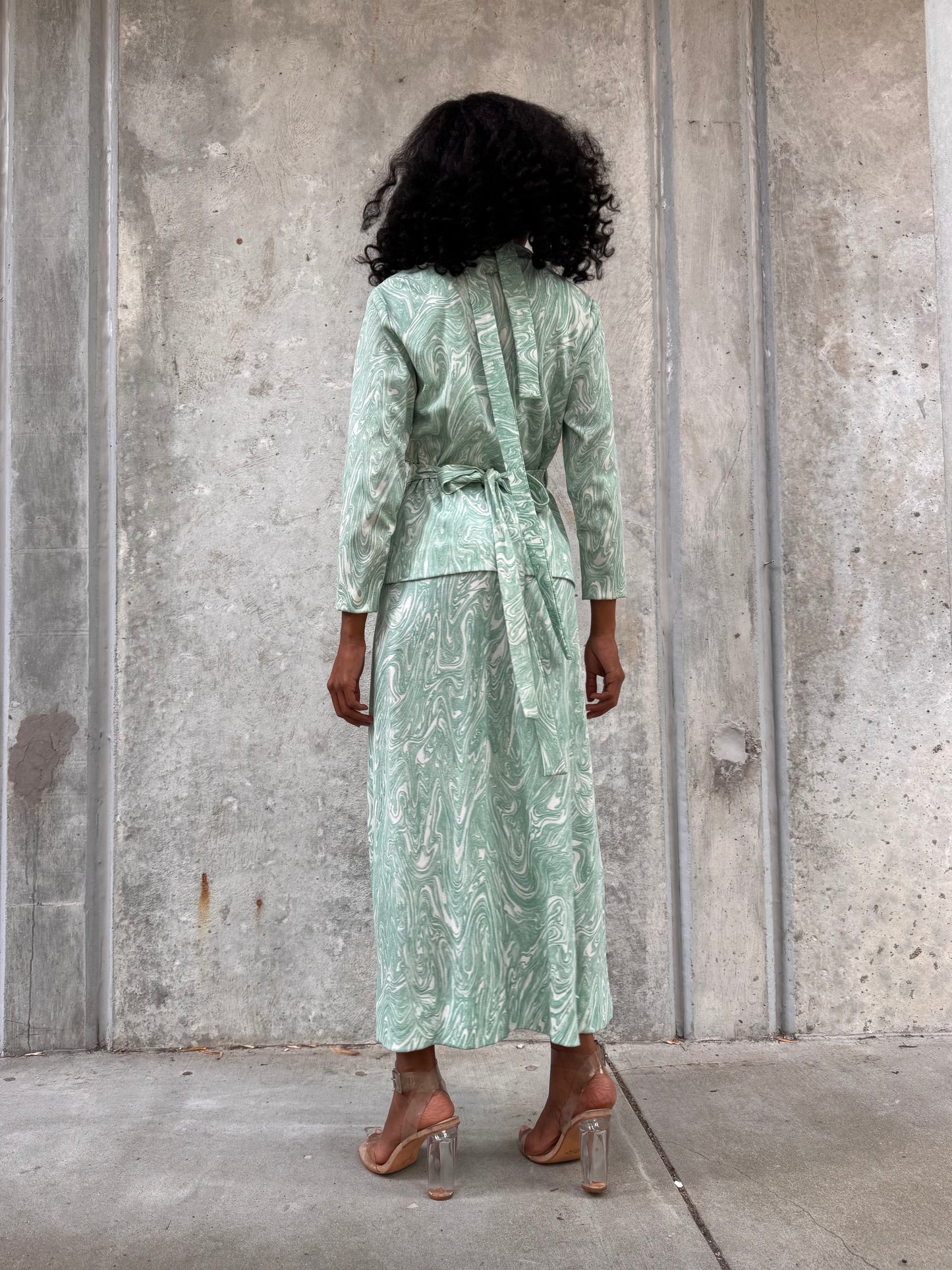 1970s Marbled Teal Dress & Wrap Jacket Set