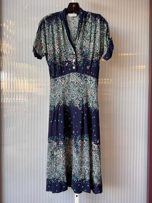 1940s Blue Floral Dress