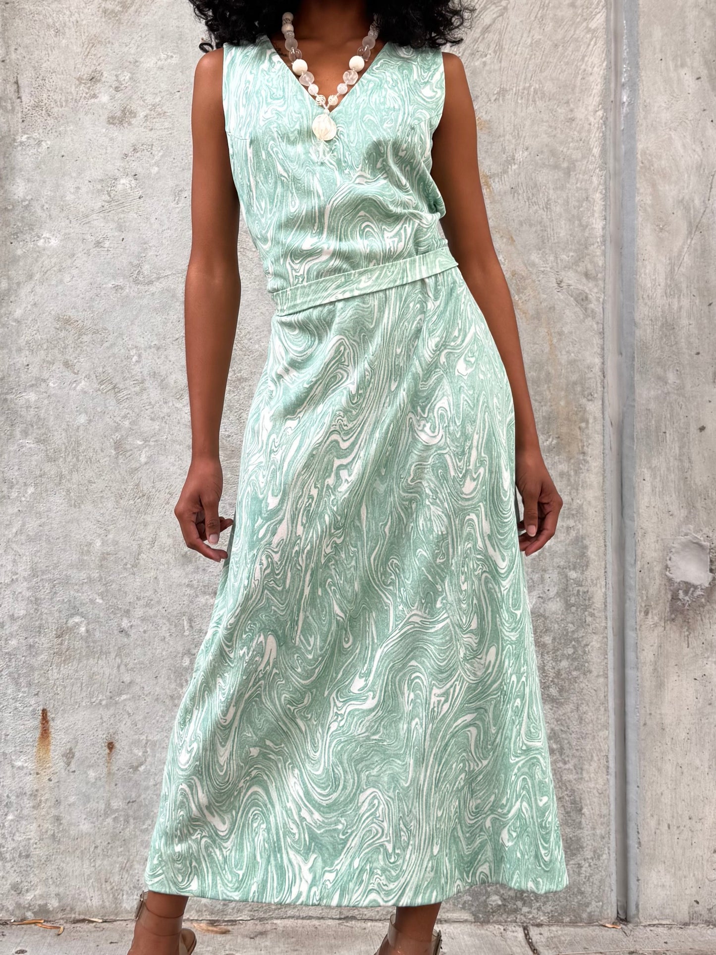 1970s Marbled Teal Dress & Wrap Jacket Set