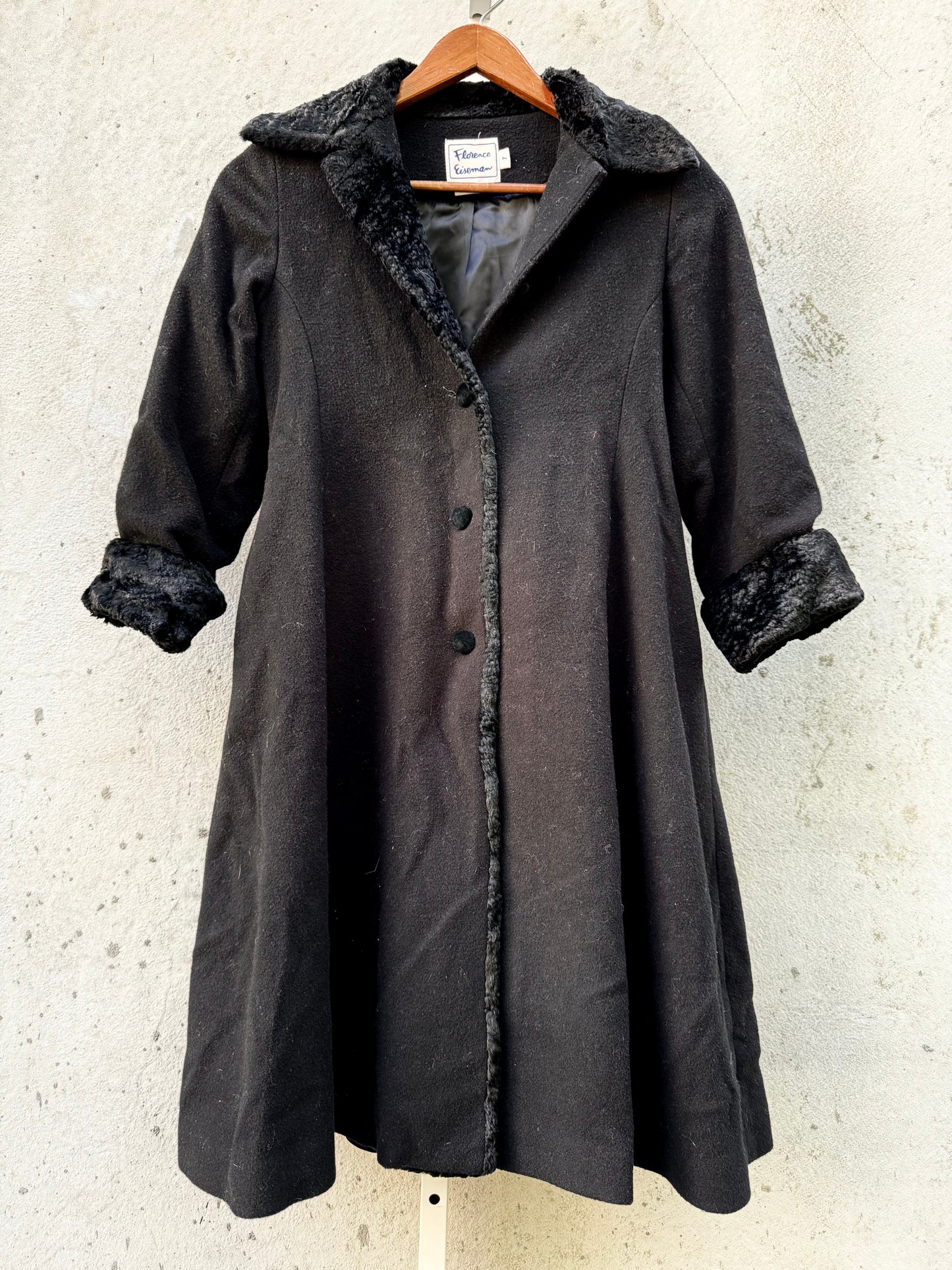 100% Wool Black Coat with Faux Fur Collar & Cuffs