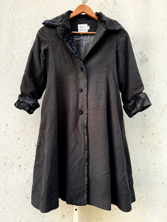 100% Wool Black Coat with Faux Fur Collar & Cuffs