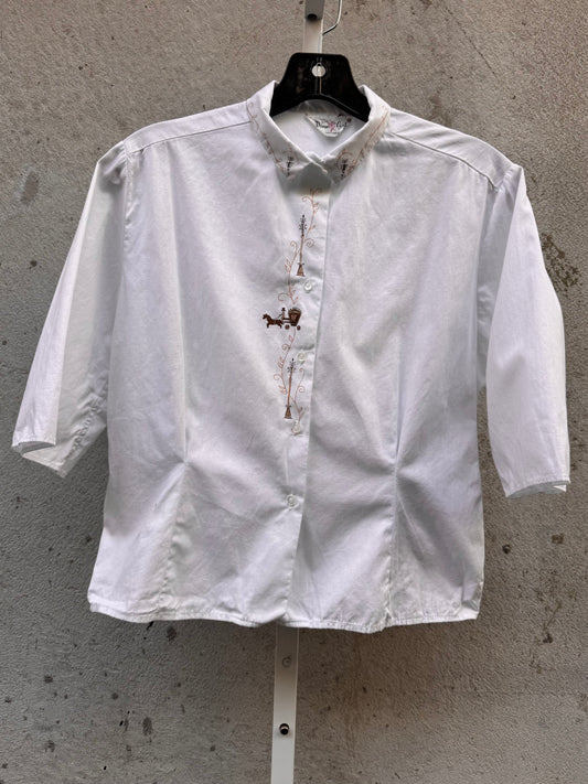 1960s White Blouse with Horse Carriage Print Detail