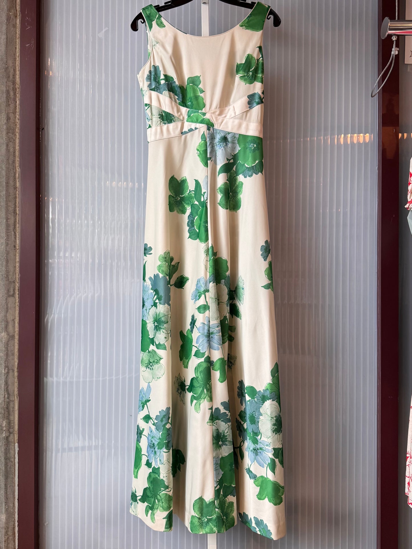 1970s White Gown with Blue & Green Florals