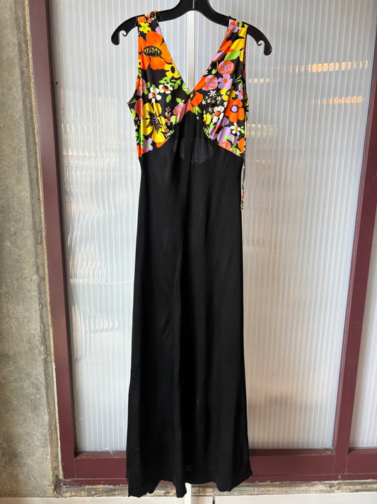 1970s Black Sleeveless Dress w/ Multicolor Floral Bust