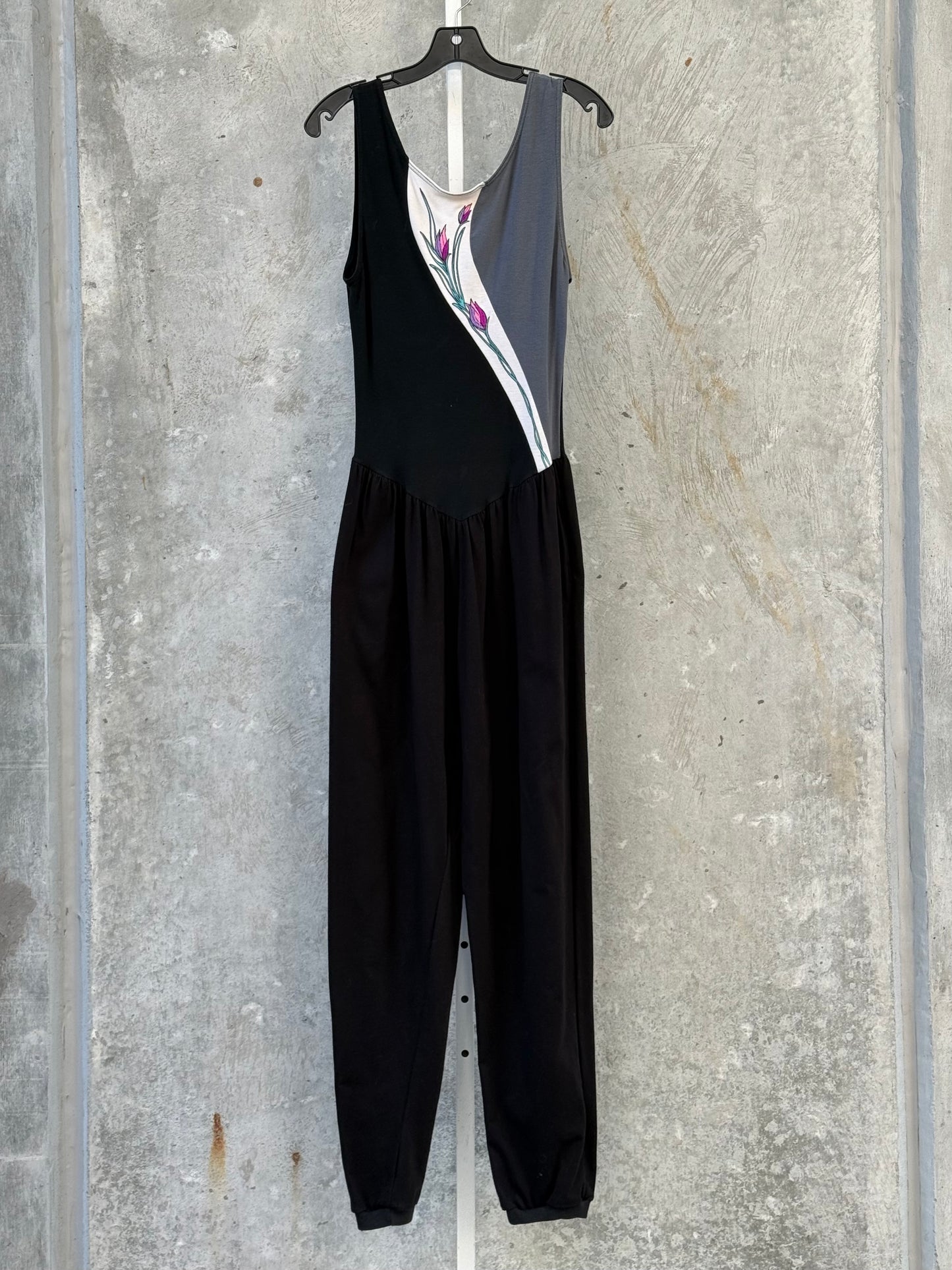 1980s Black Jumpsuit with Pink Floral Design Panels