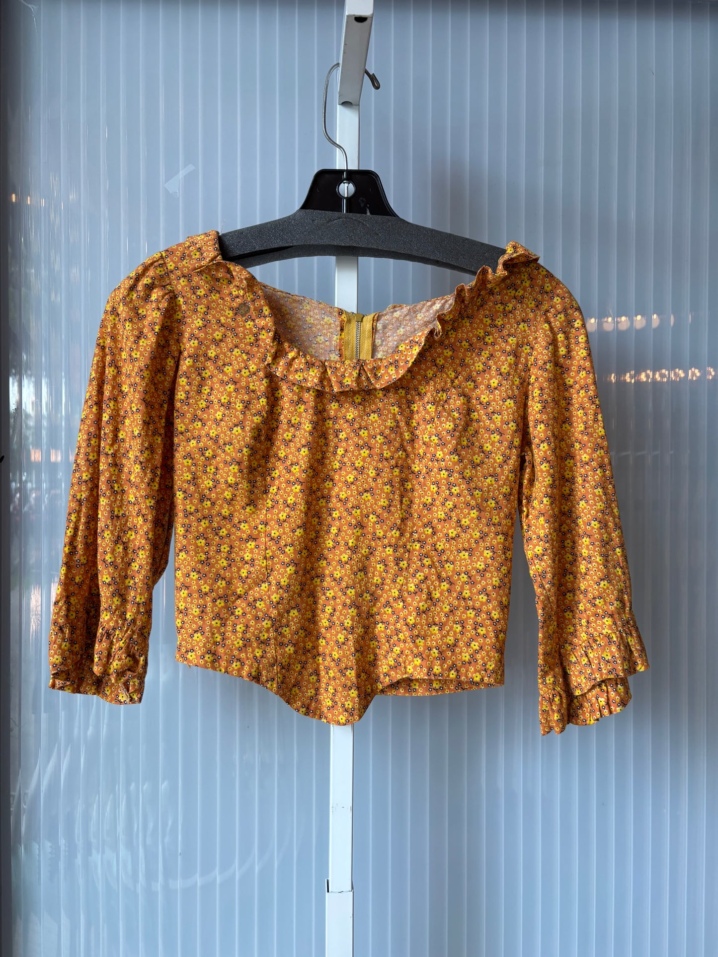1970s Kid's Orange & Yellow Floral Print Blouse, Skirt, & Bonnet Set