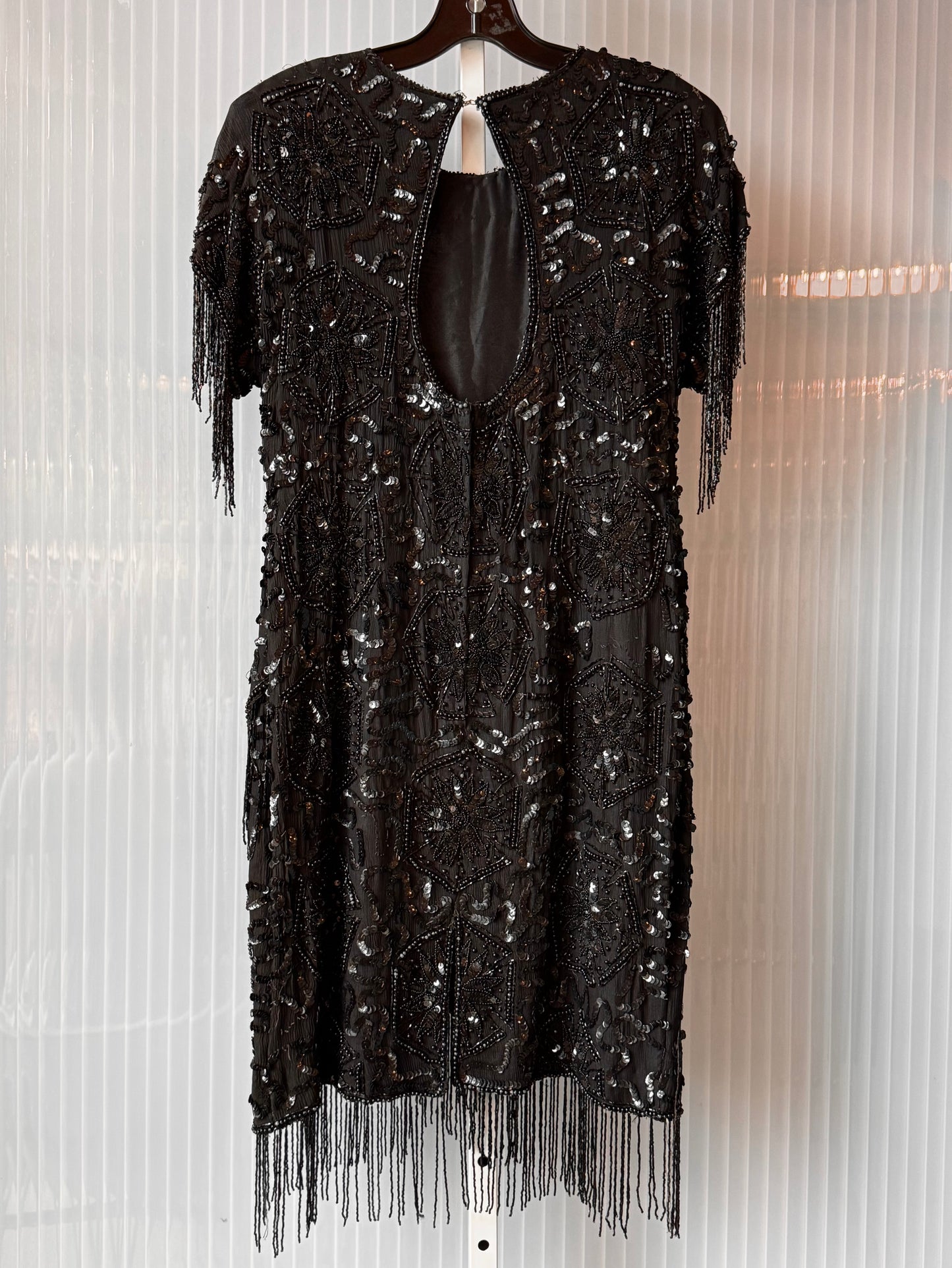 1980s Black Beaded Evening Dress w/ Bead Fringe