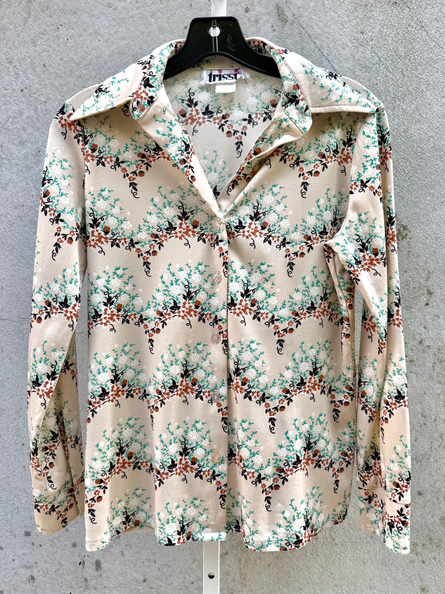 1970s Cream Floral Collared Blouse