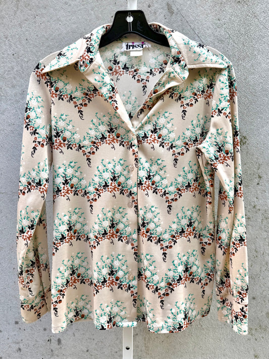 1970s Cream Floral Collared Blouse