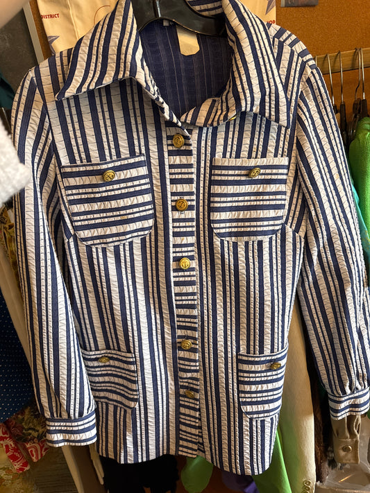 1970s Blue & White Striped Shacket with Gold Anchor Buttons