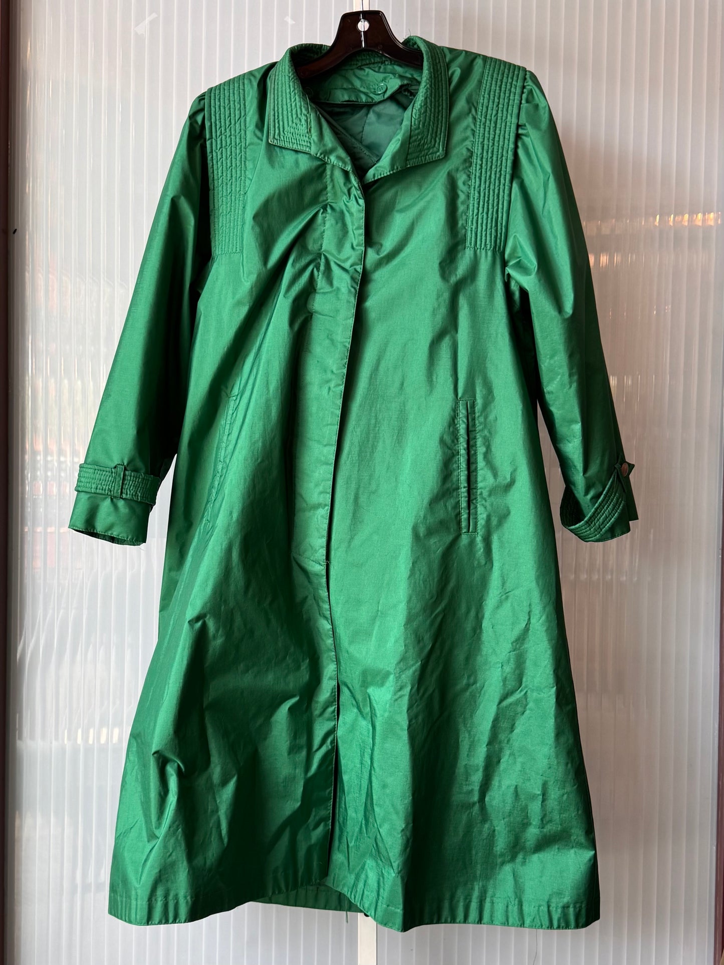 1980s Shiny Green Trench Coat with Quilted Lining