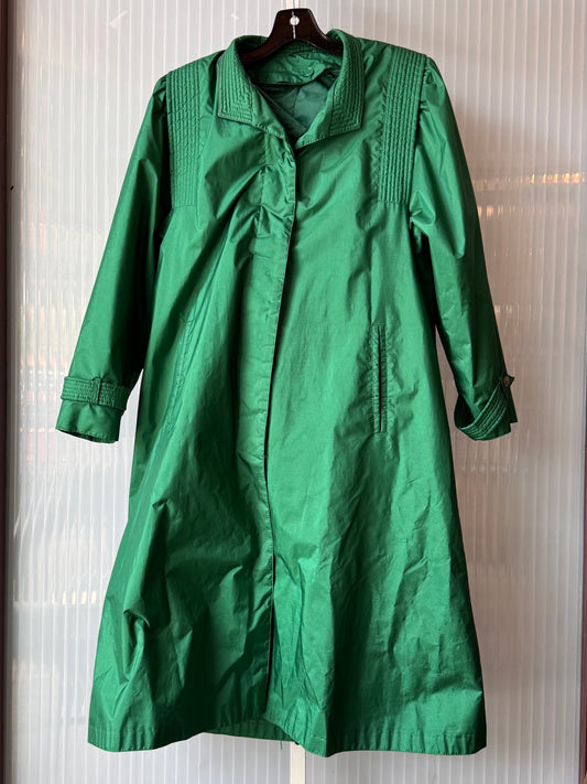 1980s Shiny Green Trench Coat with Quilted Lining