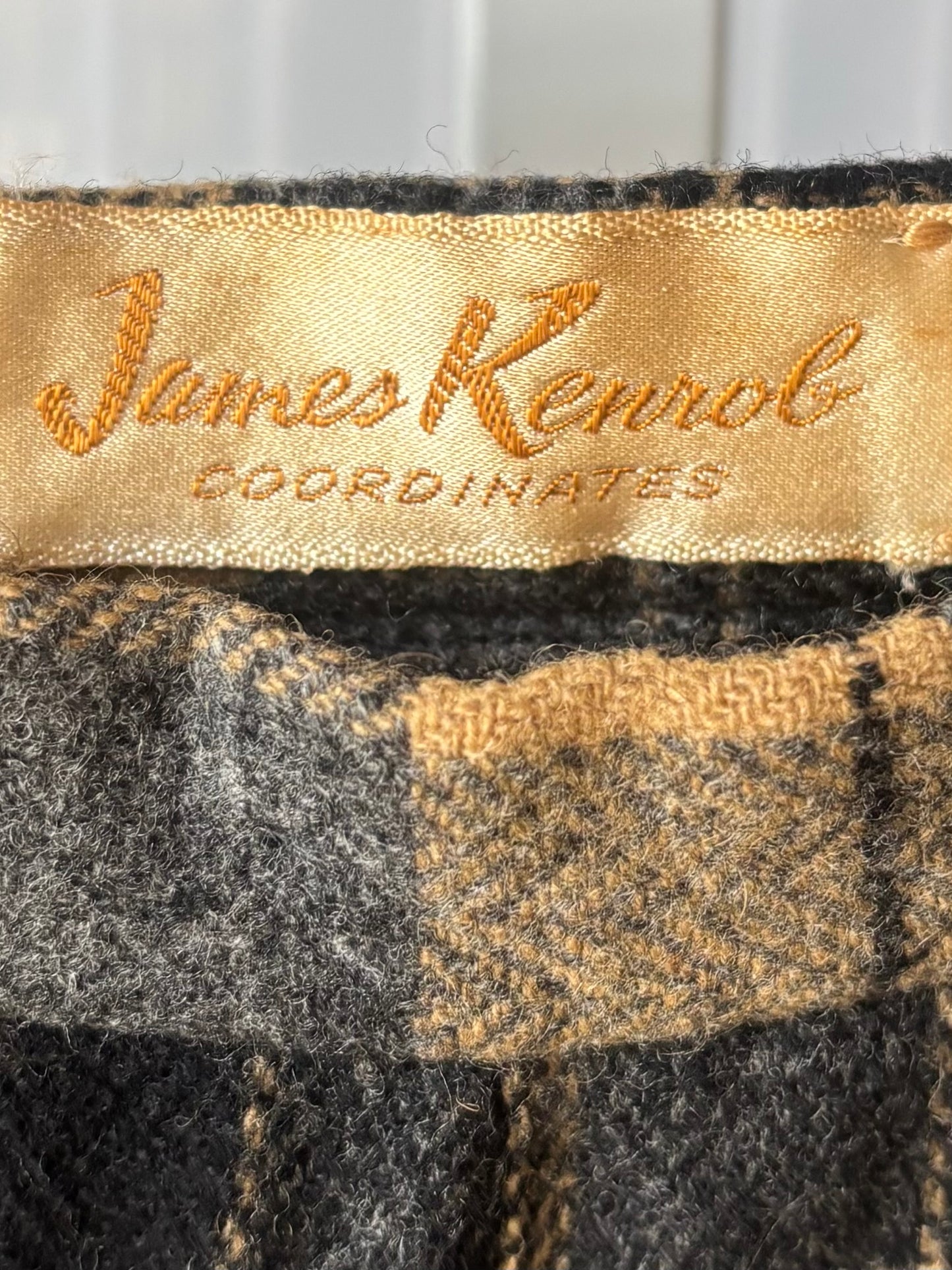 1970s Grey & Yellow Plaid Wool Tweed Box Pleated Skirt
