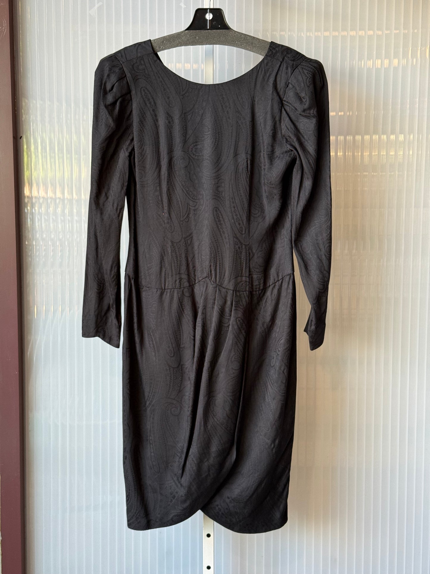 1990s Black Paisley Jaquard Pleated Puff-Sleeve Dress