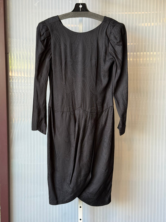 1990s Black Paisley Jaquard Pleated Puff-Sleeve Dress