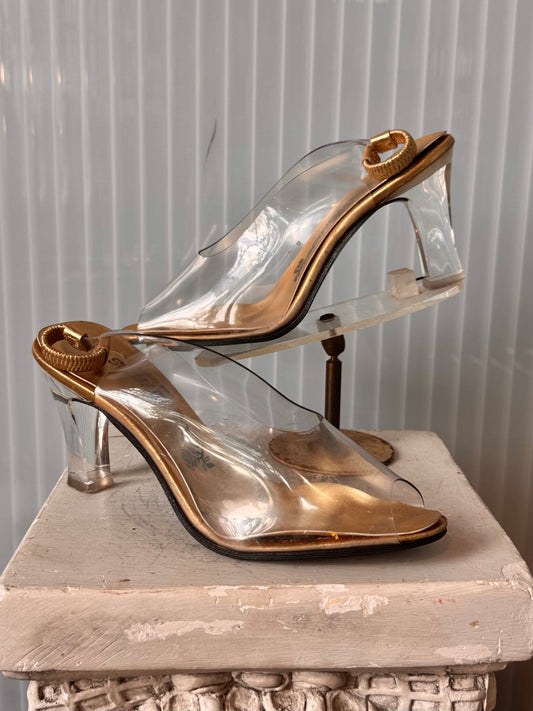 1970s Gold & Clear PVC Peep-toe Slingback Heels