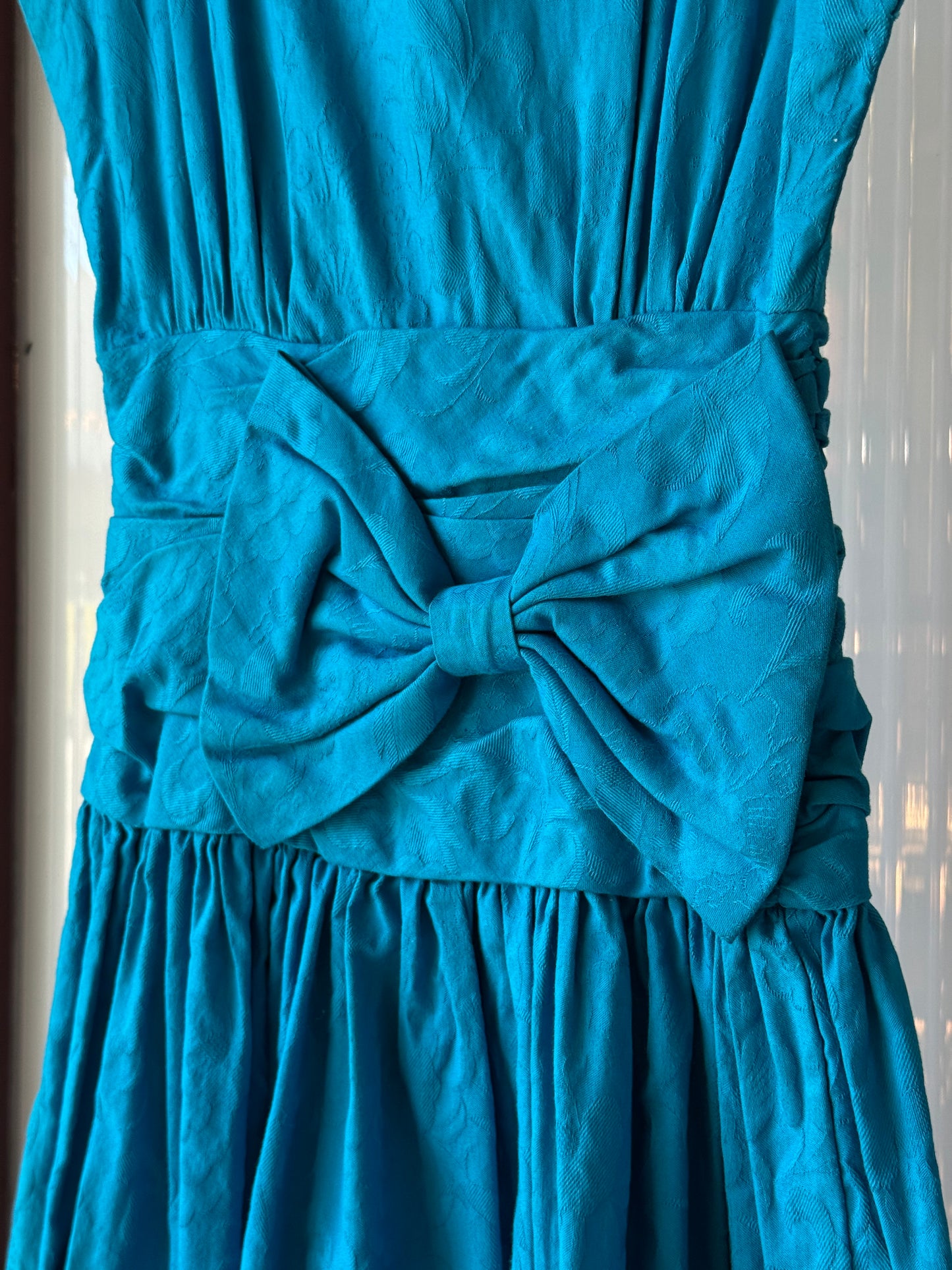 1980s does 1950s Cobalt Jacquard Ruched Dress w/ Bow