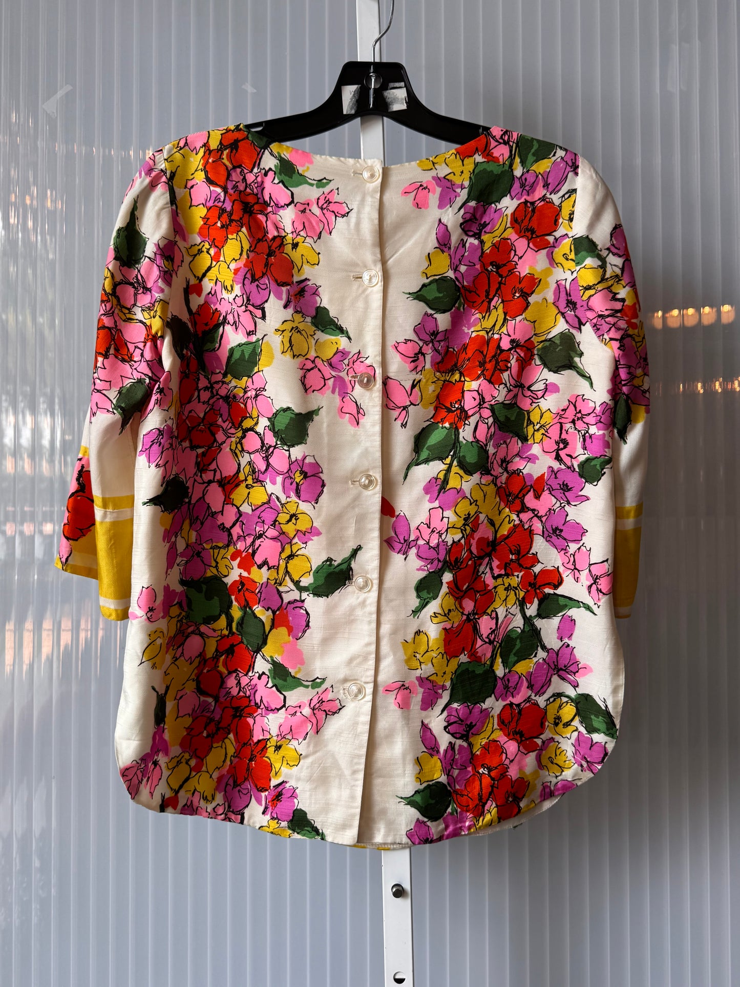 1960s White Pink & Yellow Floral Print Blouse