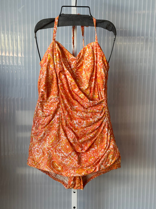 1960s Tangerine Orange One Piece Draped Swimsuit