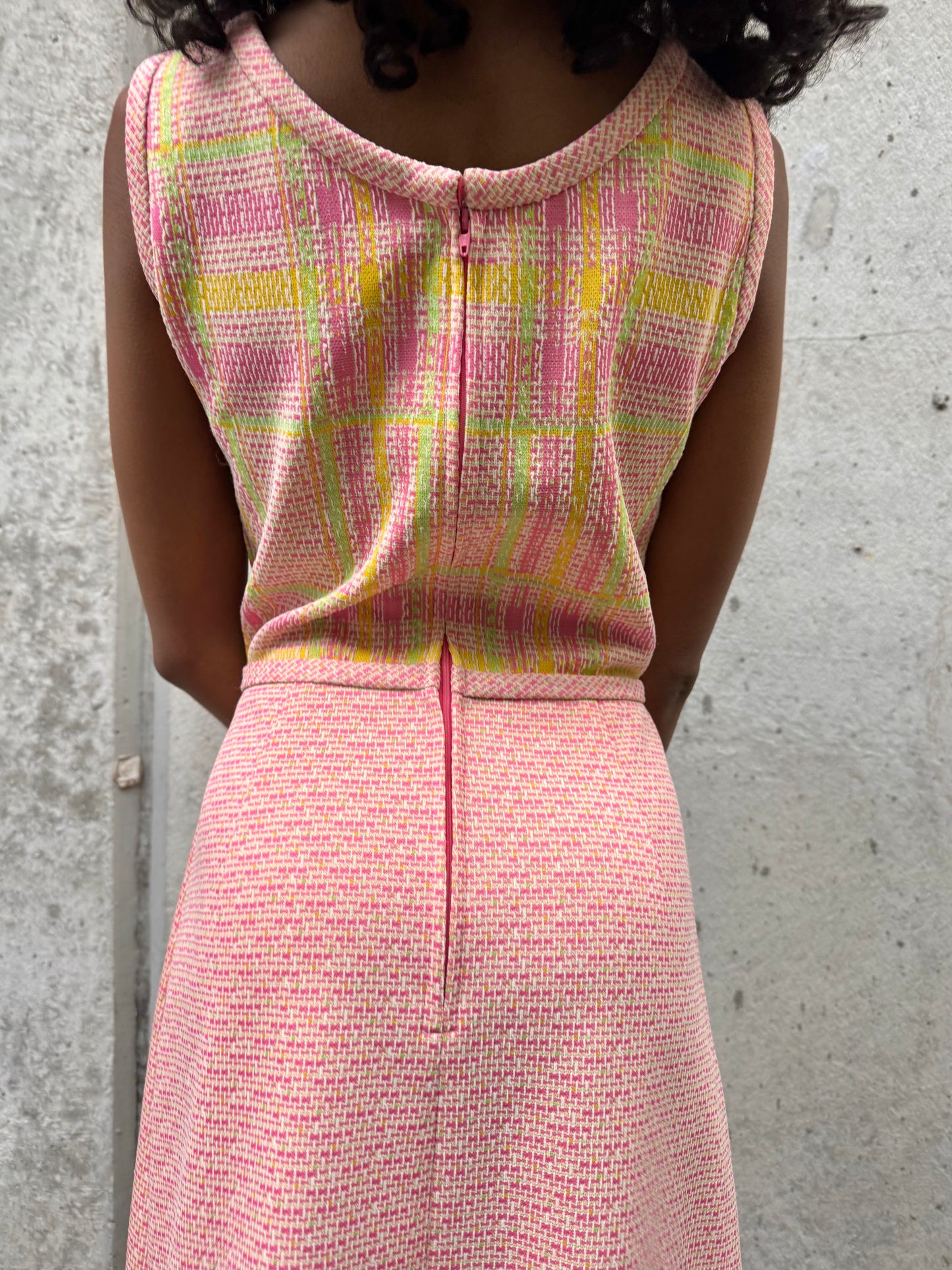 1970s Pink & Green Geometric Pattern Dress
