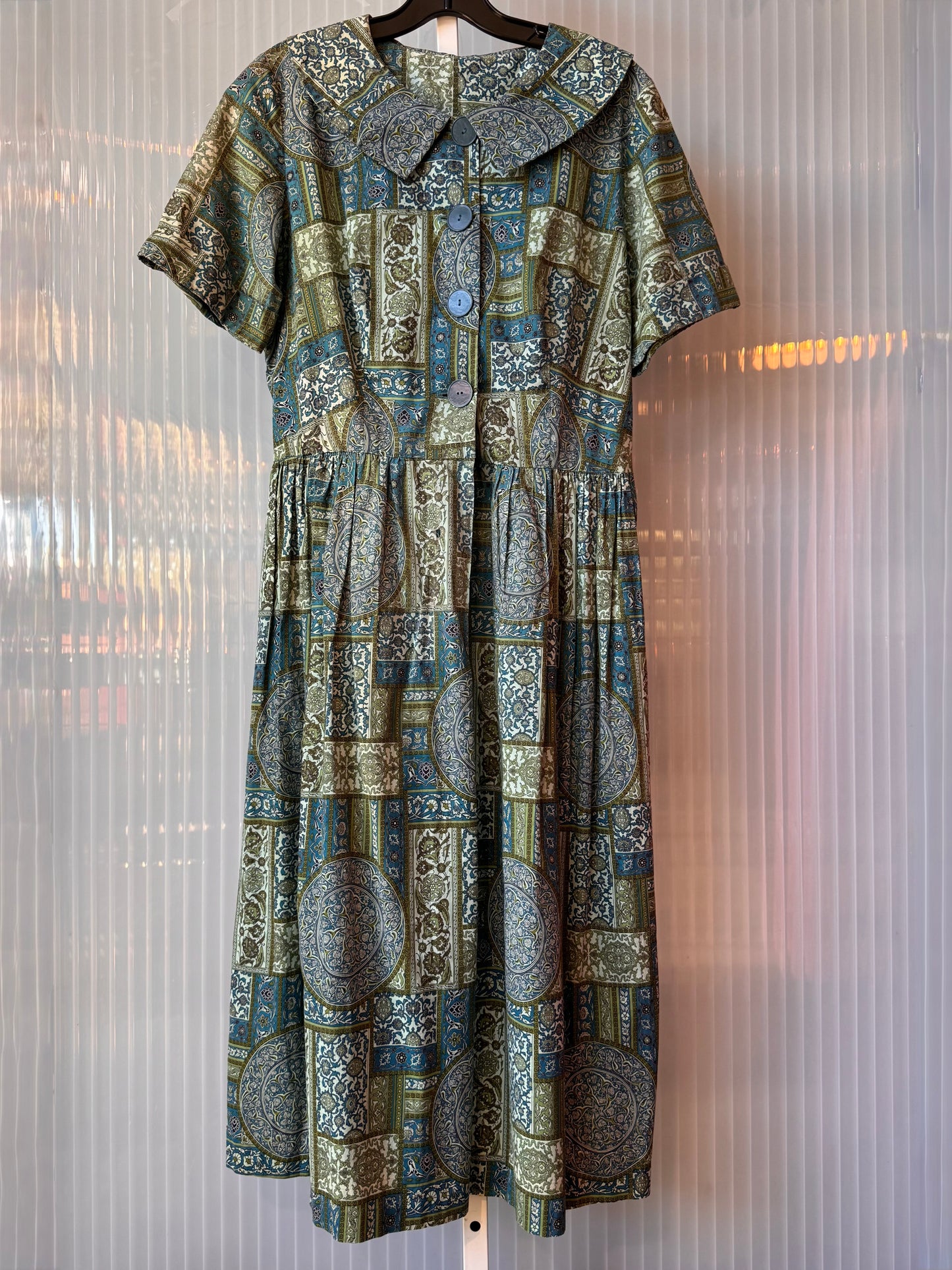 1960s Blue & Green Floral Shirtwaist Dress