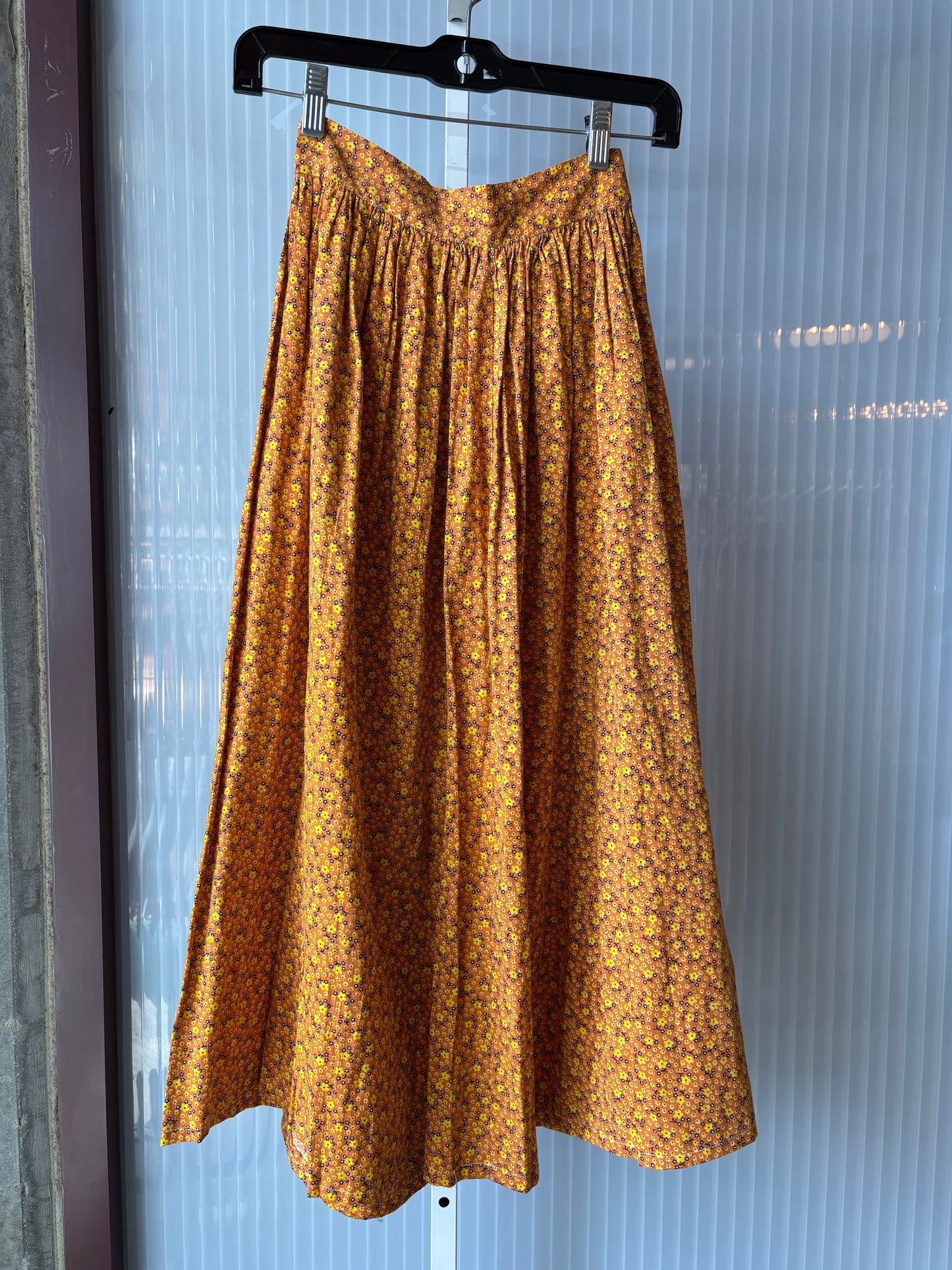 1970s Kid's Orange & Yellow Floral Print Blouse, Skirt, & Bonnet Set
