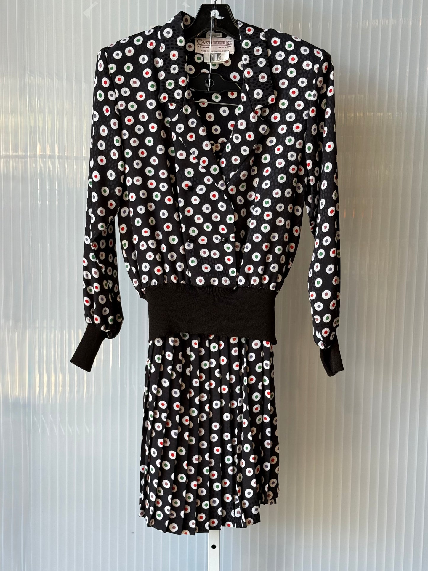 1980s Multicolor Dot Pattern Black Satin Top & Skirt Set