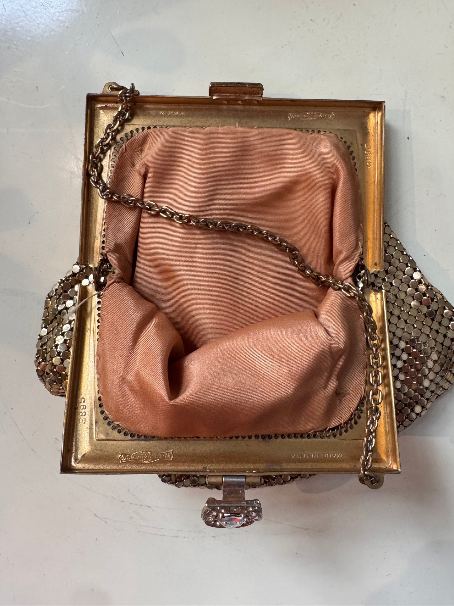 1940s Gold Tone Mesh Rhinestone Clutch Purse