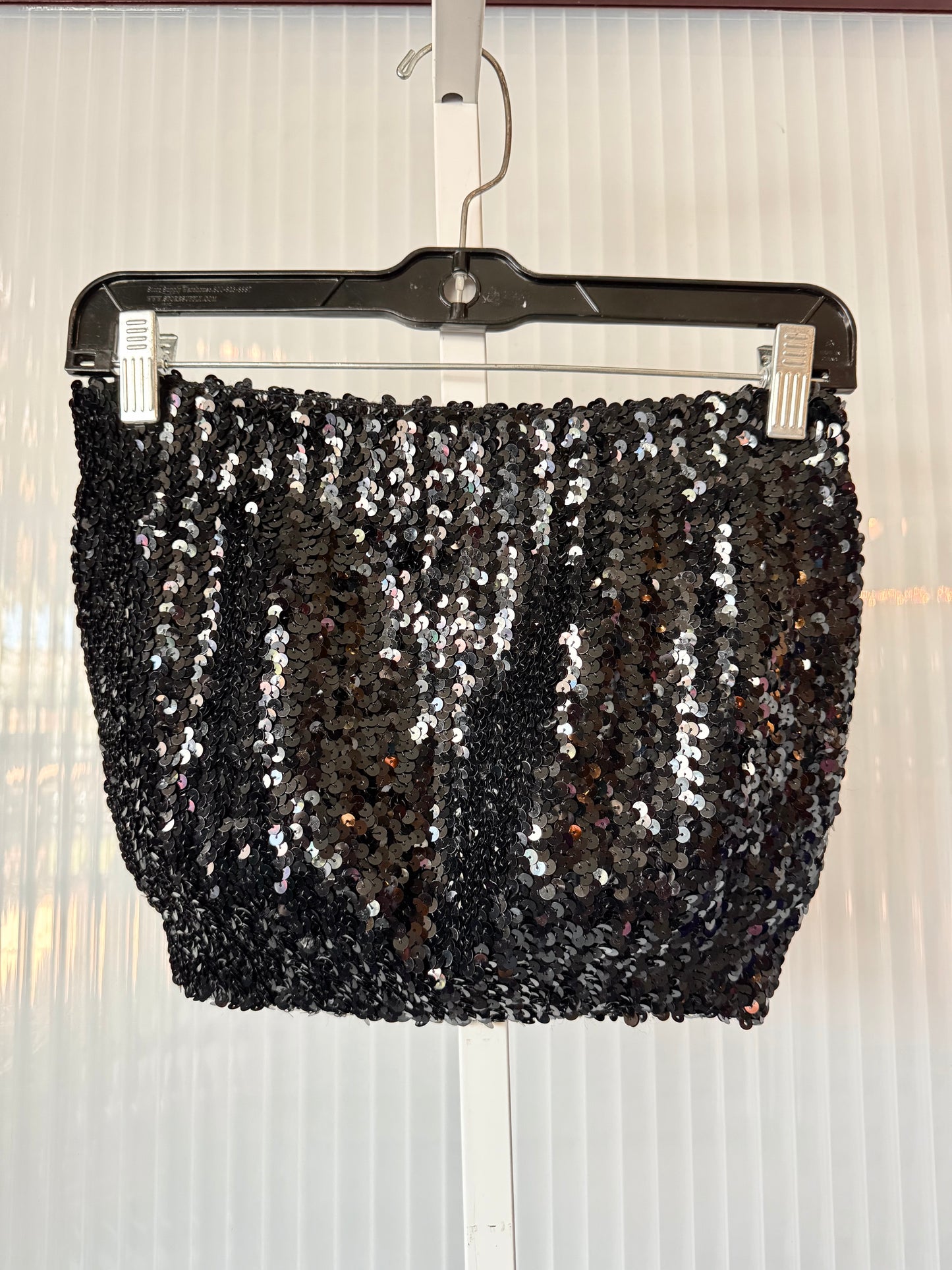 1980s Black Sequin Mini Skirt / Strapless Top