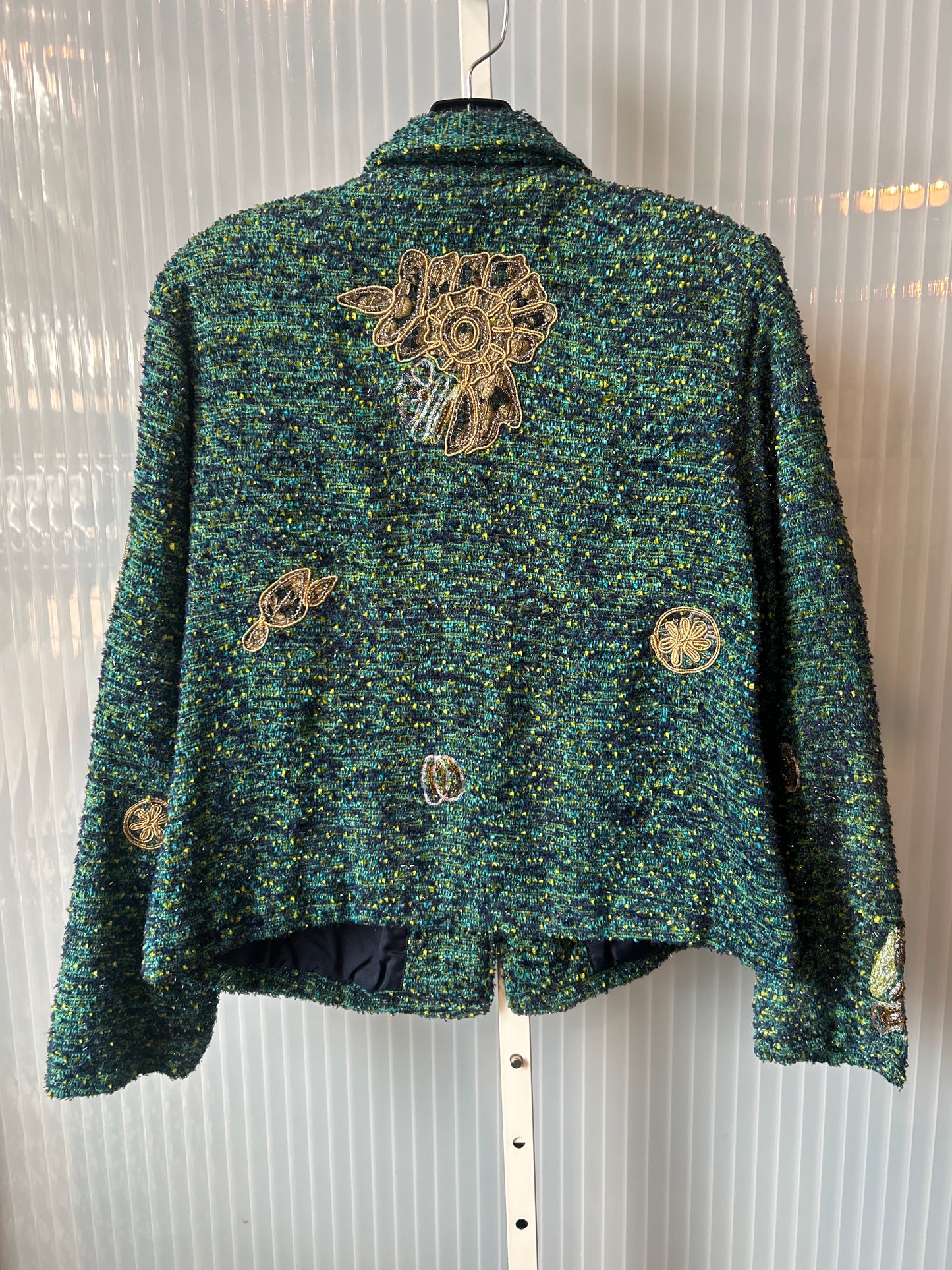1990s Blue & Green Tweed Flower Appliqué Jacket