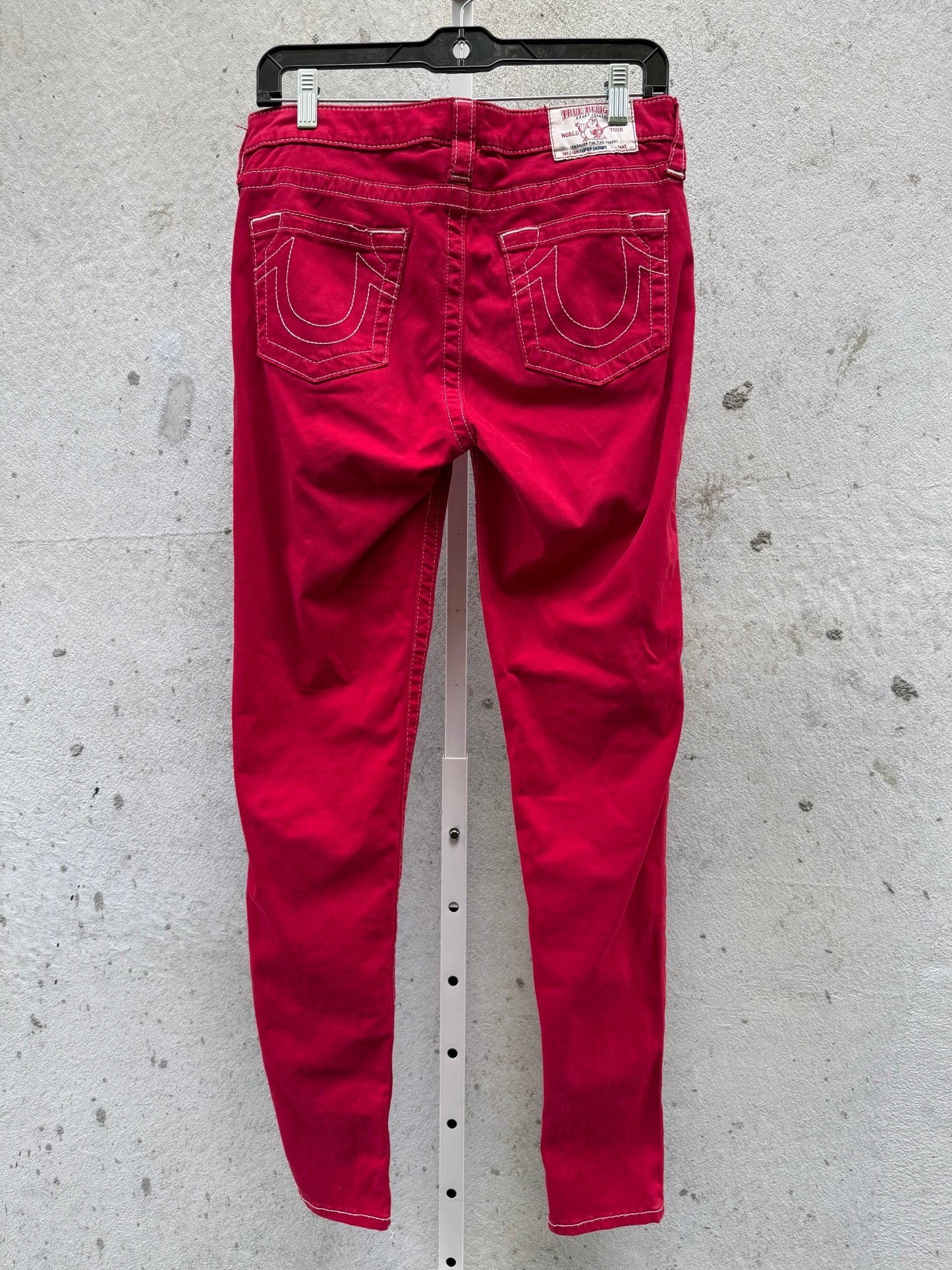 Y2K Cherry Red Skinny Jeans w/ White Stitching