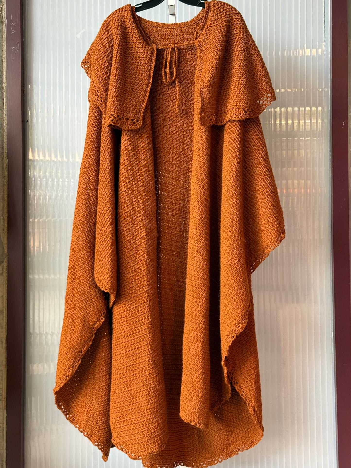 Burnt Orange Crochet Full Length Cape w/ Oversized Collar