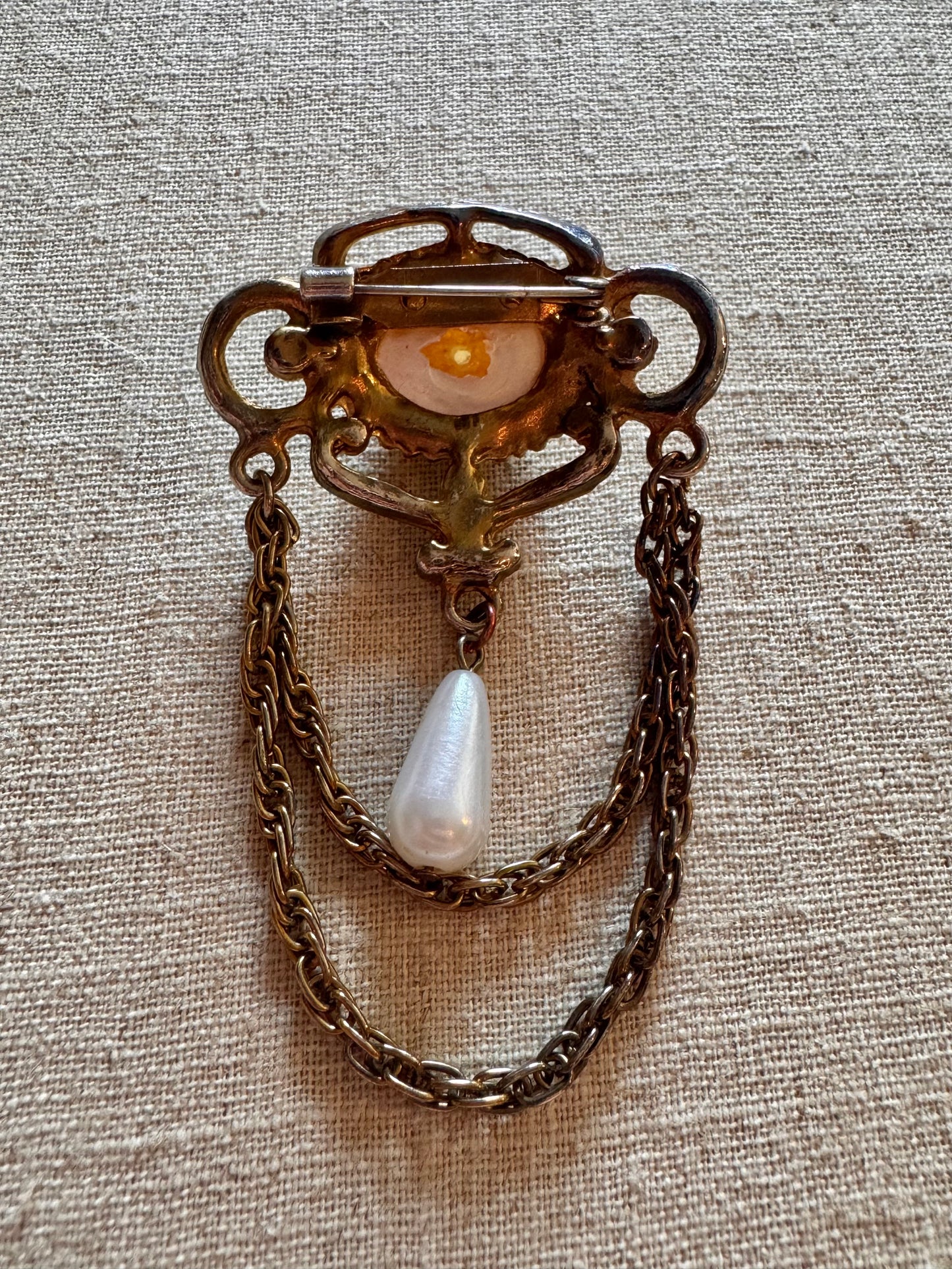 Gold Pearl and Rhinestone Edwardian Brooch