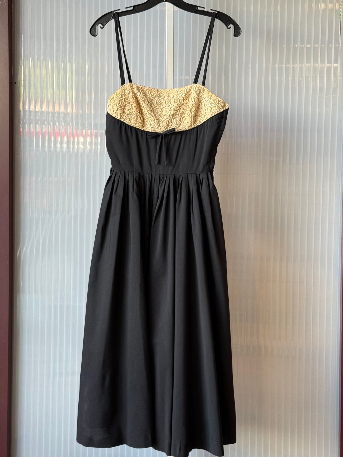 1950s Black Cotton Dress w/ Tan Crochet Bodice & Bolero