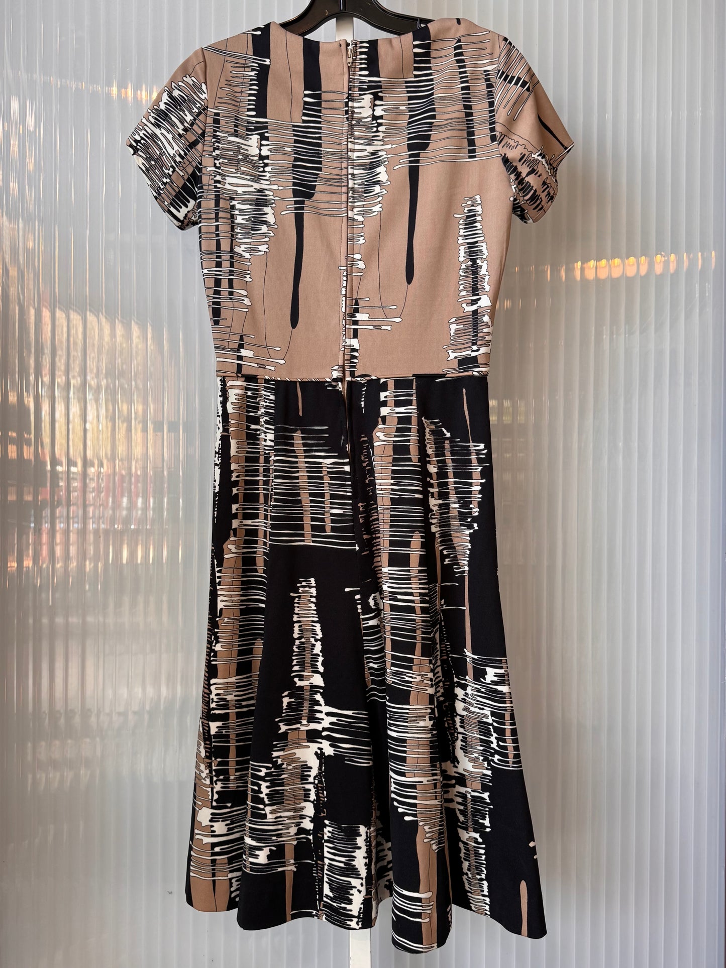 1970s Tan & Black Dress & Jacket Abstract Striped Set