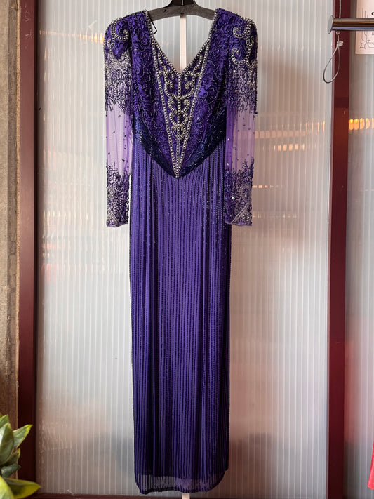 1980s Indigo Purple Sparkly Beaded Formal Gown