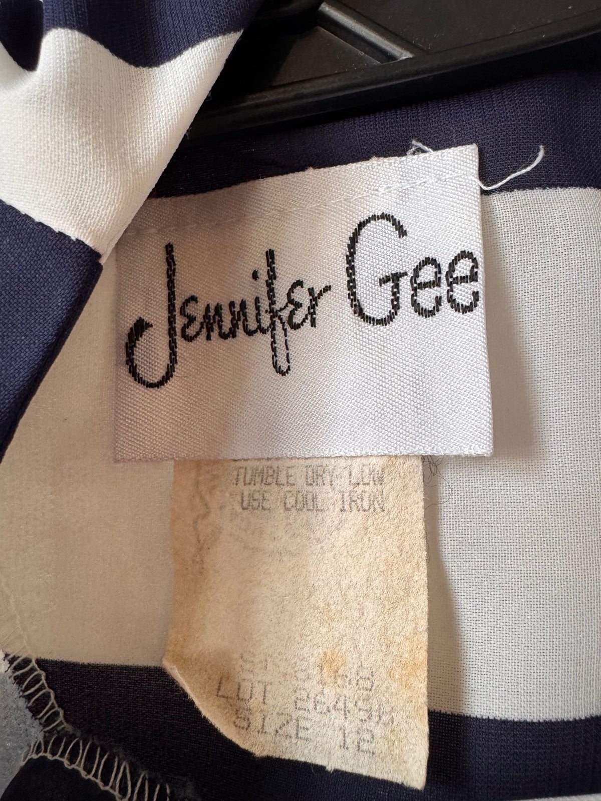 Early 1980s Navy Blue & White Striped Pleated Dress