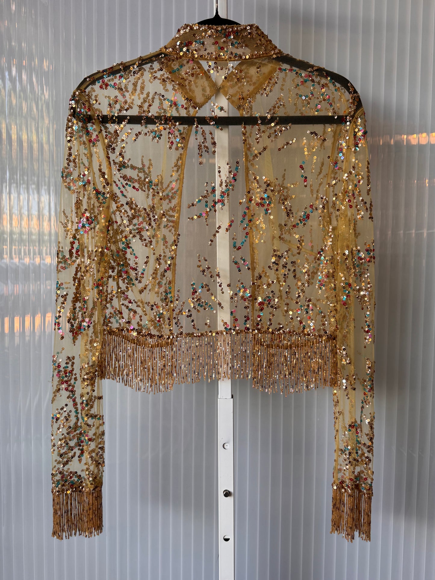 1970s Yellow Sheer Sequin Jacket Overlay w/ Beaded Fringe