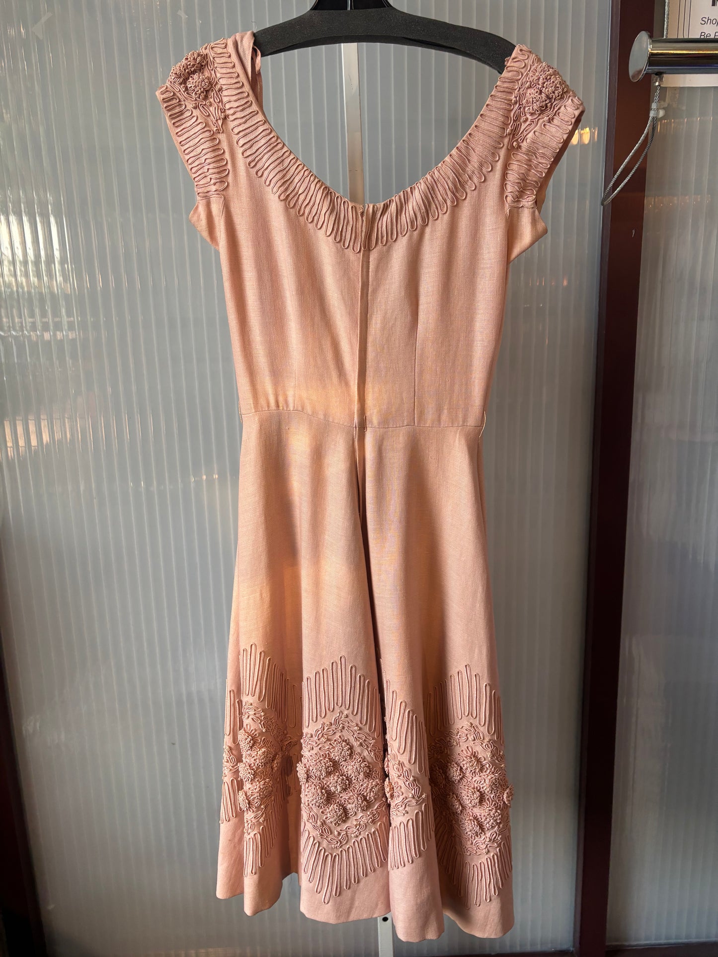 1950s Pink Linen Circle Dress w/ Amazing Detail