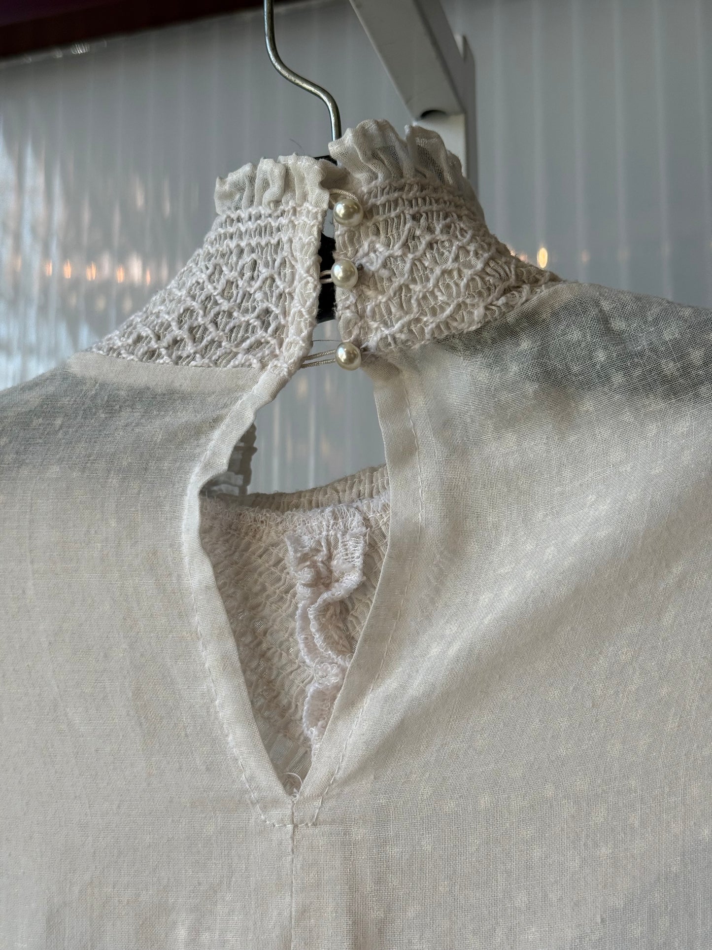 1980s Does Edwardian White Sheer Dress w/ Smocked Yolk & Ruffle Collar