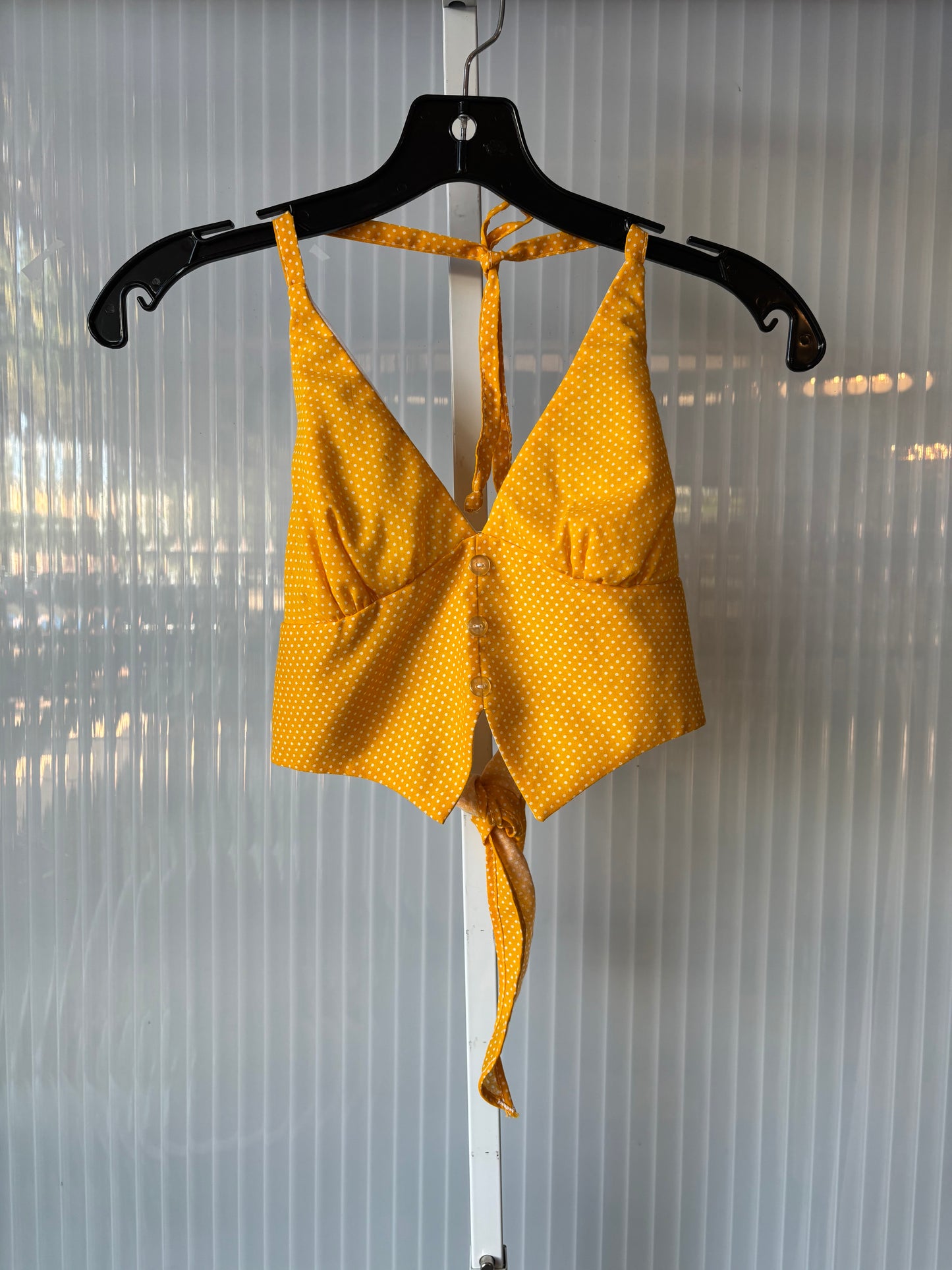 1970s Bright Yellow & White Polka Dot Halter Top