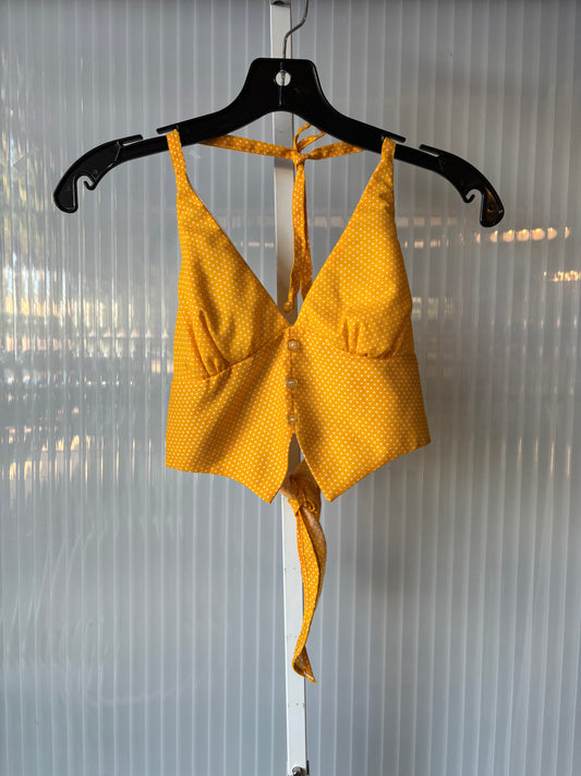 1970s Bright Yellow & White Polka Dot Halter Top