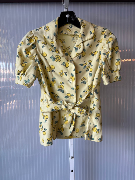 1960s Yellow Cherry-Print Puff-Sleeve Button-Up Blouse