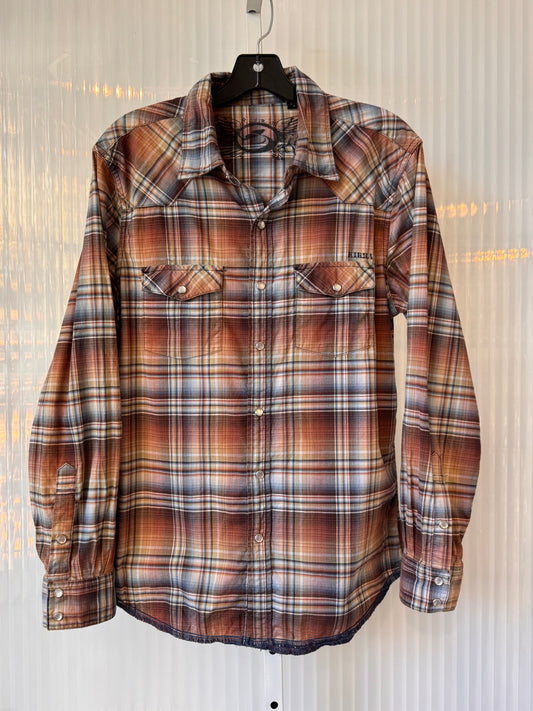 Y2K Burgundy Orange & Blue Plaid Button-Up Shirt