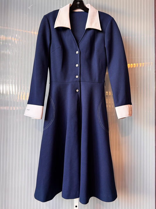 1970s Blue Polyknit Dress with White Collar & Cuffs